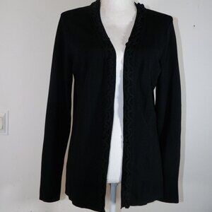 Beautiful Black Etoile Cardigan SWEATER rayon/nylon size Large open front ruffle